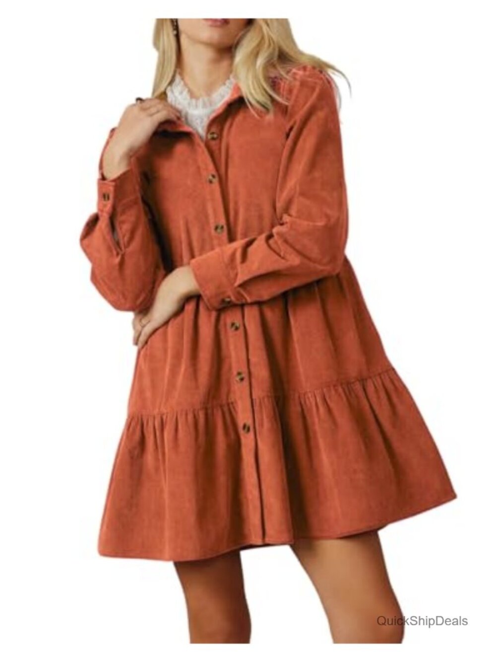 100% Cotton Corduroy Babydoll Dress Long Sleeve Button Down Tiered Mini with